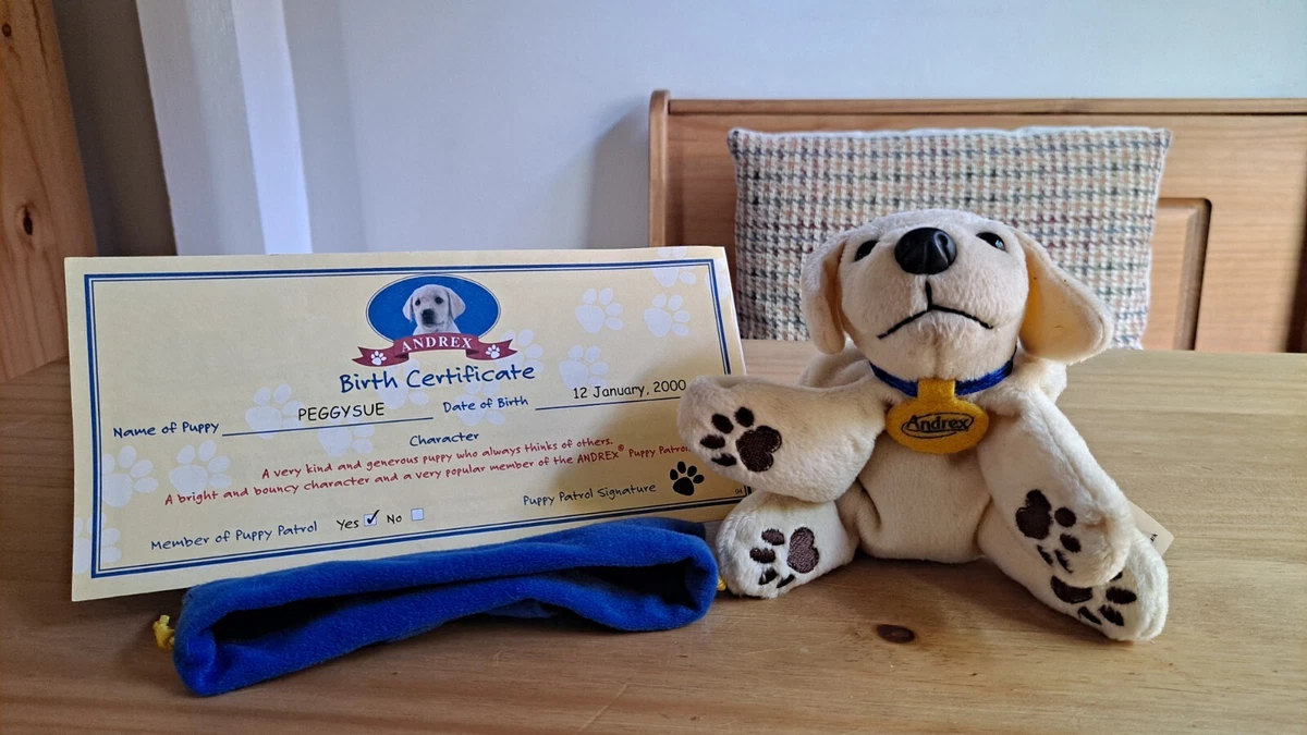 Andrex Puppy PEGGYSUE Vintage Plush 90s Beanie Soft Toy Bag Birth Certificate
