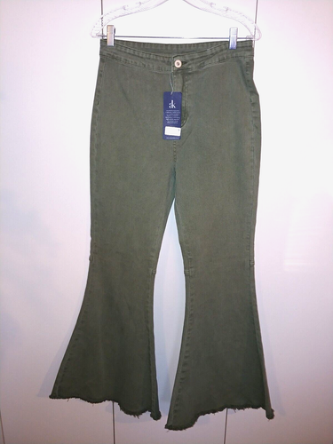 ANNA-KACI LADIES HIGH WAIST GREEN WIDE BELL-BOTTOM PANTS-JR L-NWT-TRENDY/CUTE - Picture 4 of 7