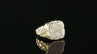 Nugget Ring Mens Real Solid 14K Gold Plated 925 Silver Iced CZ