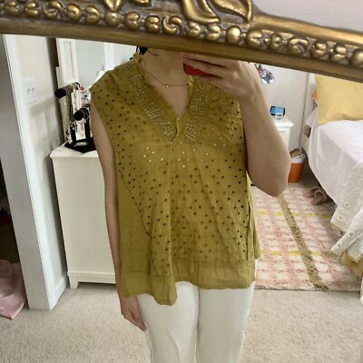 Akemi Kin Top Women s S Anthropologie Eyelet Metallic V Neck Cadiz Blouse Green