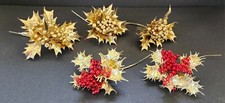 Lot of 5 Gold Holly Floral Picks 3 Solid Gold Color, 2 Gold w/ Red Berries