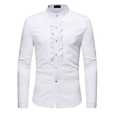 Mens Dress Shirt Tops Blouse Top Ruffle Pleated Front Wedding Prom For