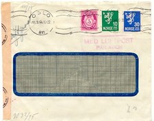 NORWEGEN 1944 MiF Posthorn 5 Ö und Wappenlöwe 10 und 30 Ö auf Bedarfs-LuftpostBf