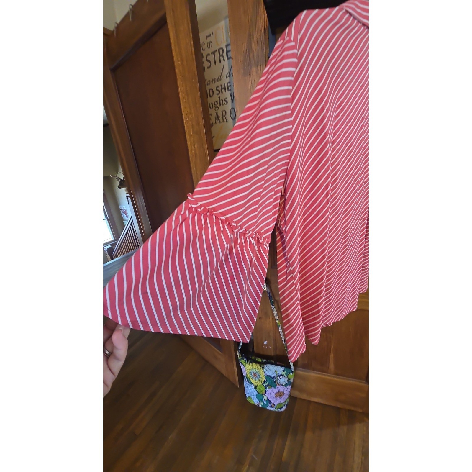Anne Klein Striped Boho Top Mauve Pink Gold Lion Buttons Bell Sleeve XL ...