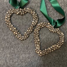 Pair Silver Tone Jingle Bell Heart Hanging Christmas Decorations Green Ribbon