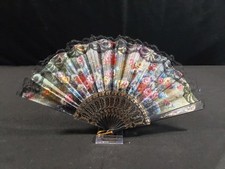 Hand Held Folding Fabric Floral Fan Lace Green Black Bridal Party Decoration
