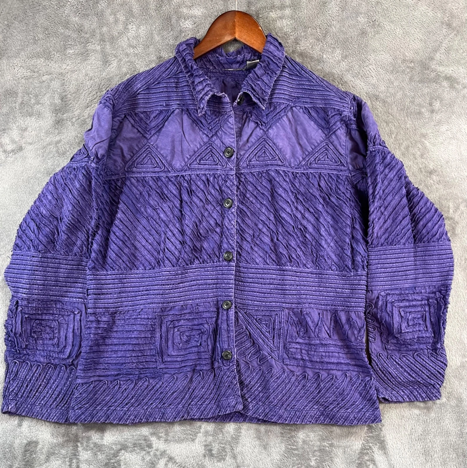 Chicos Jacket Size XL Purple Textured Embroidered Cotton Boho Art To Wear