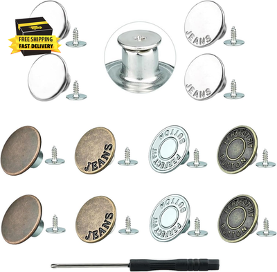 #ad No Sew Jeans Button Replacement Kit 10 Sets Metal Snap Tack Buttons with Tools $7.85