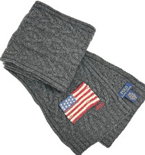 Polo Ralph Lauren Scarf Cable Knit Grey with Flag Americana Vintage 9X66
