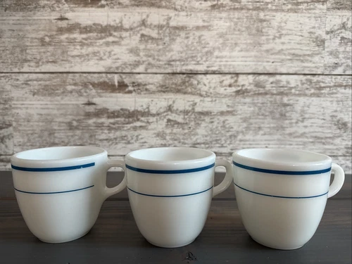 PYREX Tableware Corning Teal Blue Stripe Milk Glass Coffee Mug USA Lot Of 3