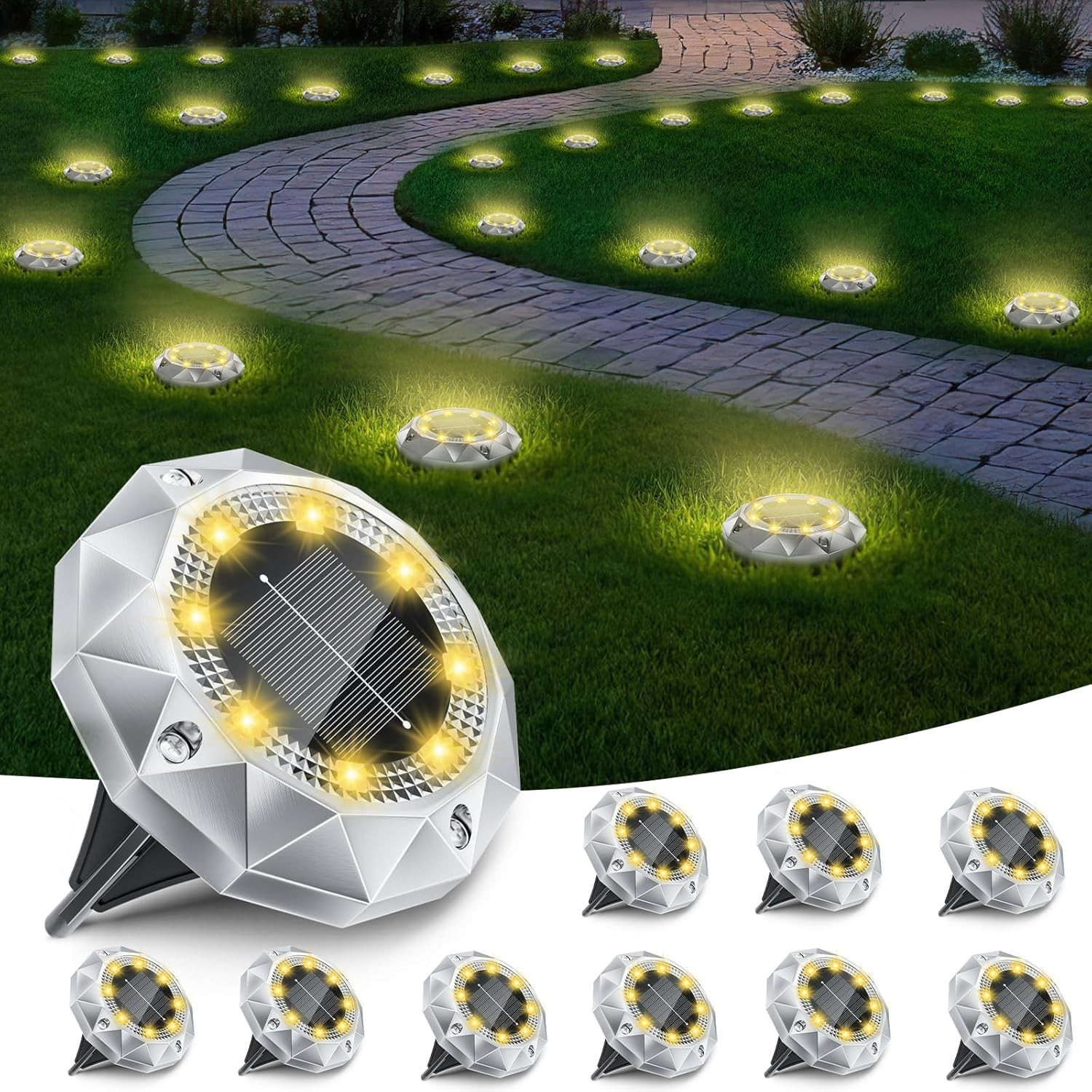 10 Pezzi Luci Solari Da Giardino, 8 LED Faretti Sepolta Solari a Led Da Esterno 