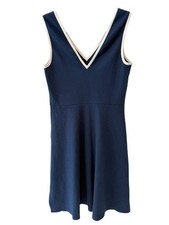 Tory Burch Navy V-Neck Sleeveless Midi Dress M Raw Hem Slit Minimalist Chic
