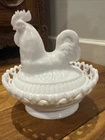 Vintage Imperial Milk Glass Rooster/ Hen on Nest with Lace Bottom Covered Dish
