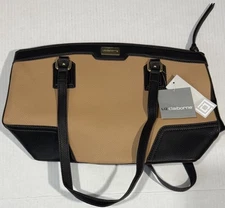 NWT Liz Claiborne Satchel Bag Camel With Black Trim Black Strap Pockets Classic