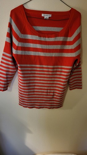 Liz Claiborne Sweater Cotton Nylon L Sleeve Red Gray Stripe 26 L 26 Across Front - Picture 23 of 24