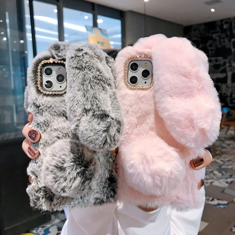 Fur Pink Bunny Ears Phone Case Warm Rabbit Fluffy Fur IPhone Case