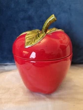 Red apple ceramic jar with lid realistic signed 5"
