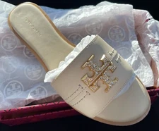 NIB Tory Burch Everly Slide Sandals Calf Leather Crystal Logo Dulce De Leche