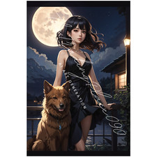 Anime Girl With Dog - AI Art Leonardo Generated | Digital File | Black Dress
