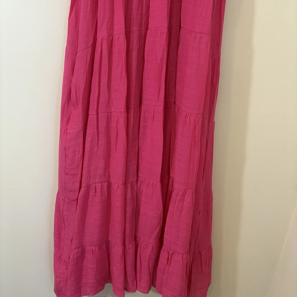 Vestido midi para mujer The Mint grande rosa gasa con volantes en capas cuello atado boho playero Foto 4 de 4