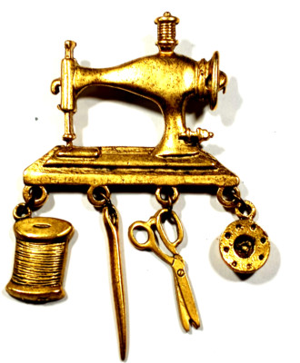 Vintage 1 & 1/2'' Gold Color Sewing Machine And Dangling Tools Brooch