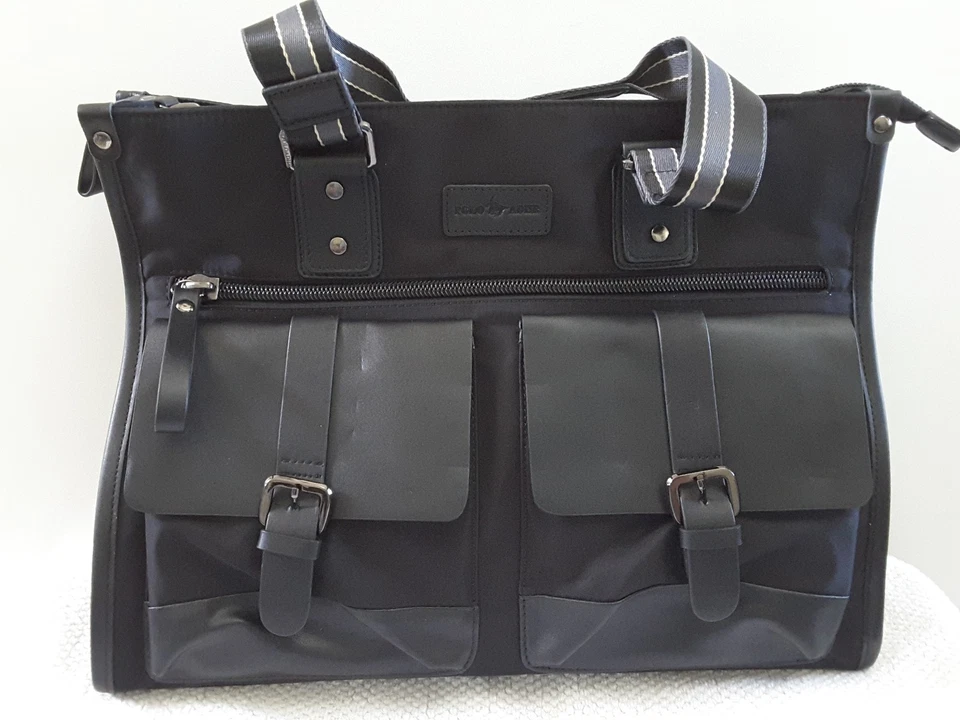 Maletín negro cartera nailon imitación cuero detalles tablet bolsillo Foto 2 de 4