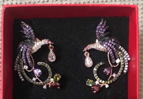 18k Rose Gold Plated made w Swarovski Crystal Multicolor Stone Bird Earrings - Picture 6 of 12