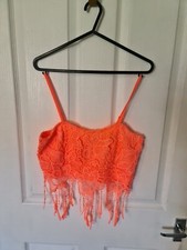 Vivid bright neon orange coral lace overlay strappy crop brallete top size 10