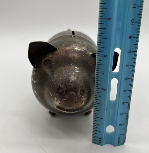Silver Tone Vintage Pig Animal Shaped Piggy Coin Bank Hong Kong - Picture 7 of 9
