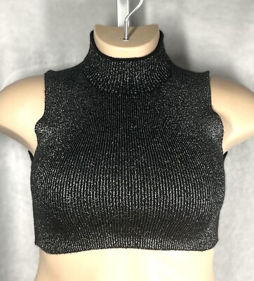 Bechamel ALL/One Size Crop Top Black Woven Gold Metallic Stretch Mock Turtleneck
