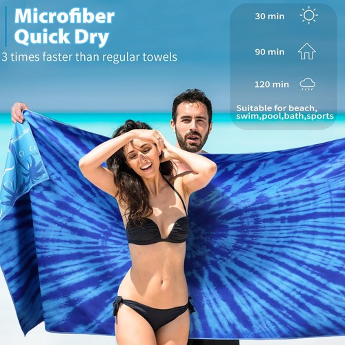 Microfiber Thin Beach Towel Lightweight 71 x 32 Inches, Blue Tie Dye - Picture 4 of 7