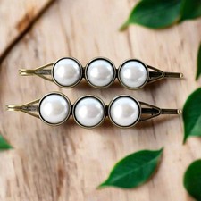 Silver White Pearl Hair Clips, Antiqued Bronze Barrette, Wedding Hair Jewelry