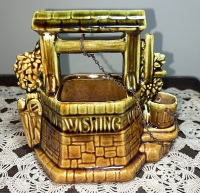 McCoy Pottery Wishing Well 1950s Vintage Brown And Green Drop Glaze With Chain