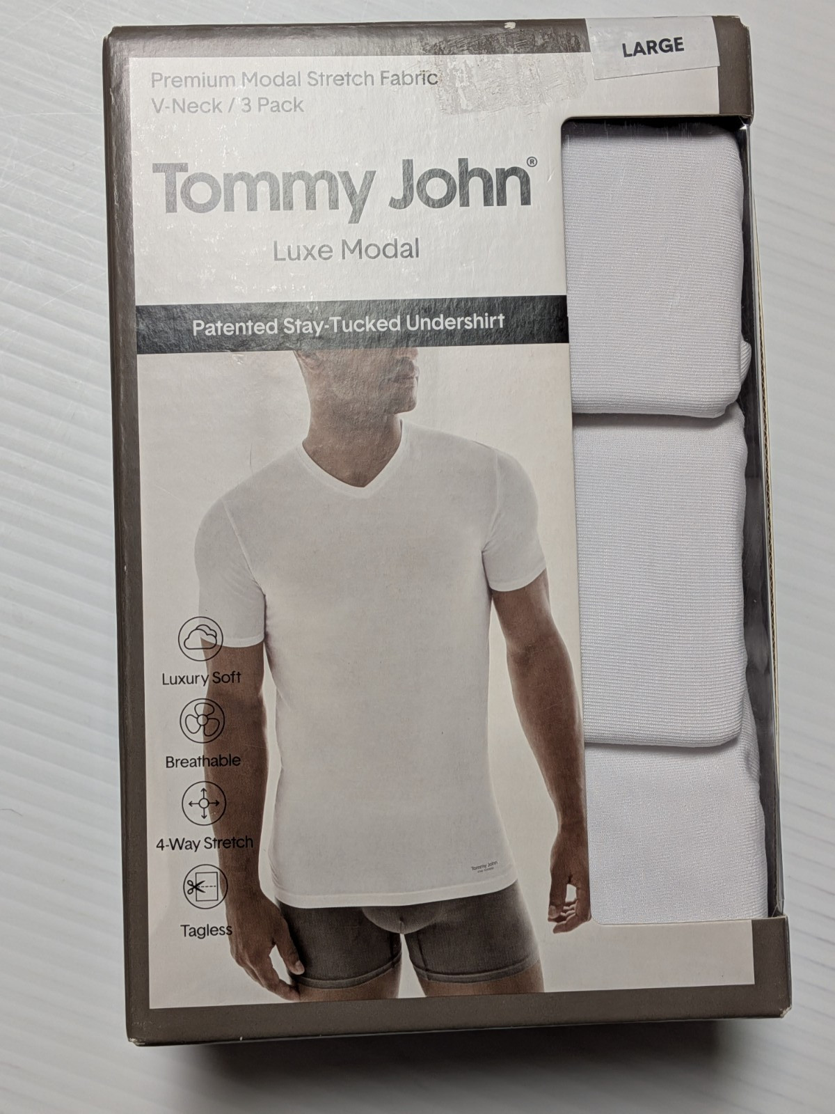 NEW Tommy John 3 Pack Luxe Modal Stay Tucked Undershirt V Neck L White