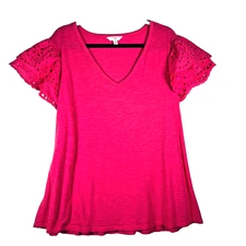 TERRA & SKY Women 2X (fits 1X ?) Top Tee Eyelet Flutter Sleeve Slub Knit Pink C1