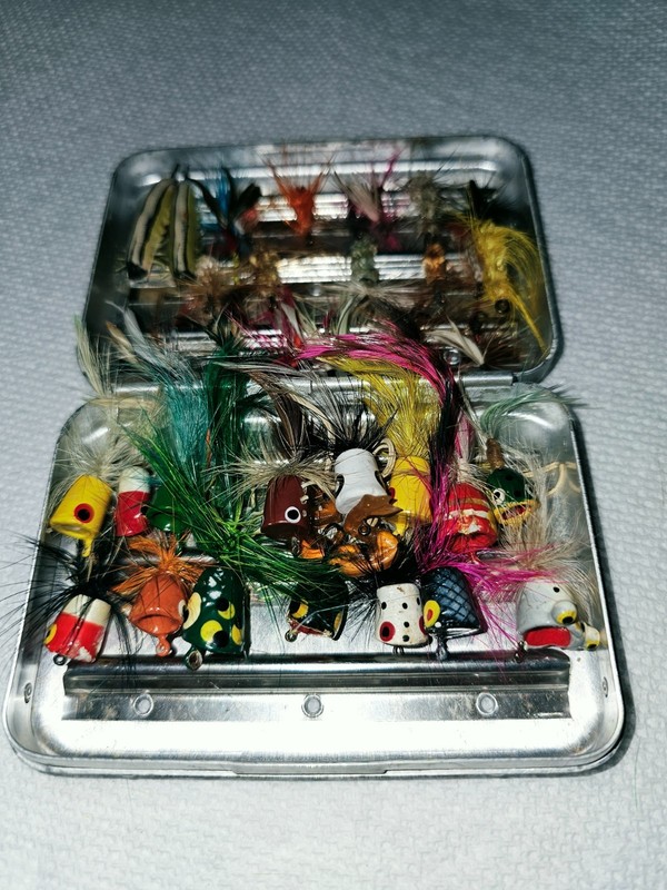 Vintage perrine fly box and Hand Painted Cork Bass Poppers & hand tied flies.