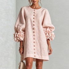 Women’s Pink 3D Flower Cuff Mini Dress Round Neck Long Sleeve Buttons S-XXXL