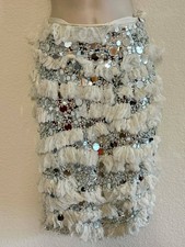 Nina Ricci Ivory Embellished Skirt Size 40 Mirror Sequin Fringe #179 NWT
