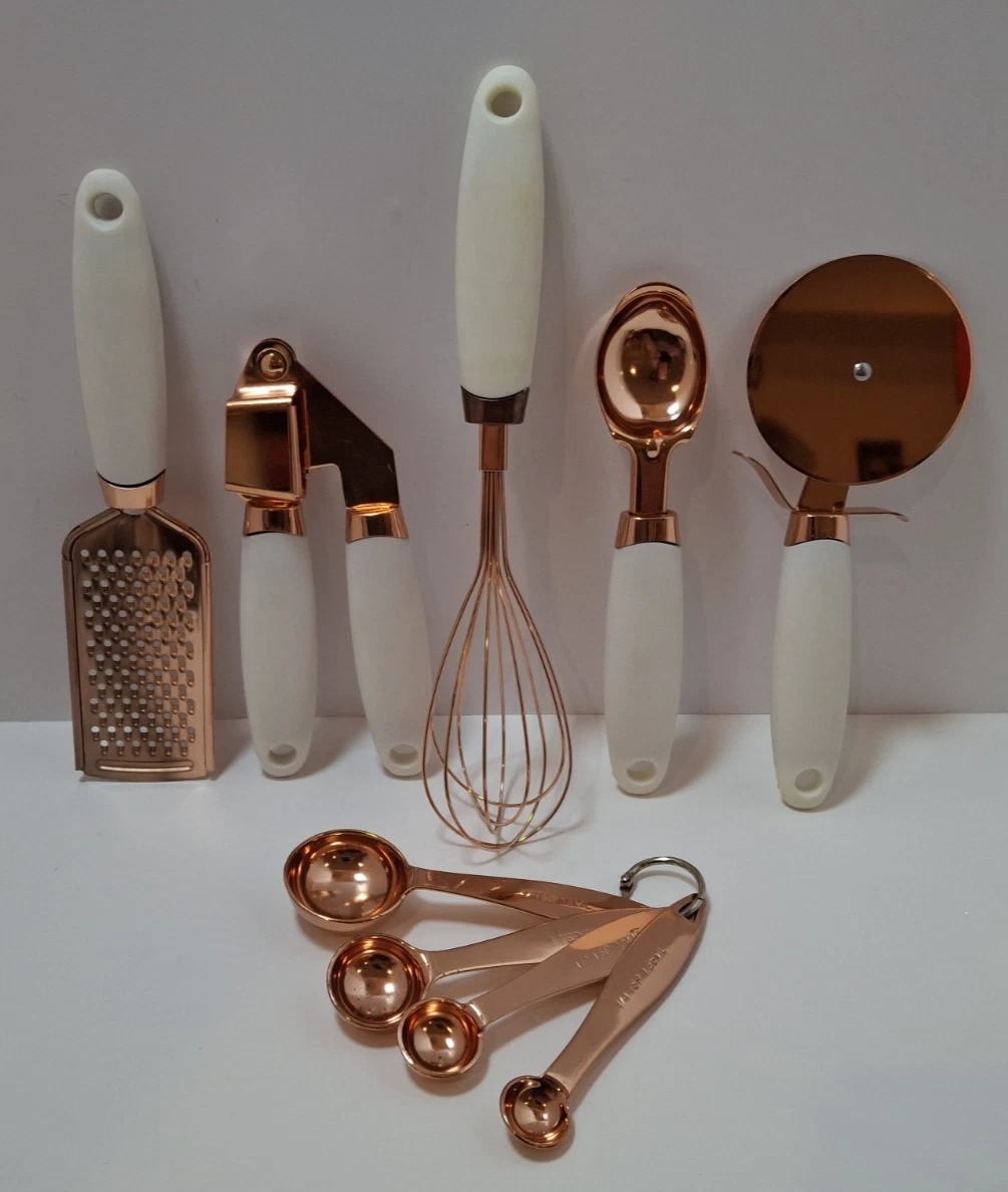 Kitchen Gadget Assorted Utensils Copper Coated White Soft Touch Handles Lot of 9