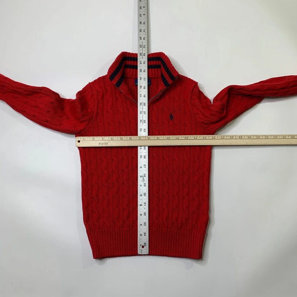 Polo Ralph Lauren Suéter Niños M Mediano Rojo Cuarto Cremallera Cable Tejido Manga Larga Foto 3 de 4