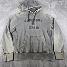 VTG Superdry Hoodie Mens XL Gray Distressed Pullover Spellout Logo Embroidered