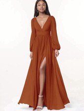 Azazie Burnt Orange Maxi Dress A6 Long Sleeve Flowy Formal Evening Gown