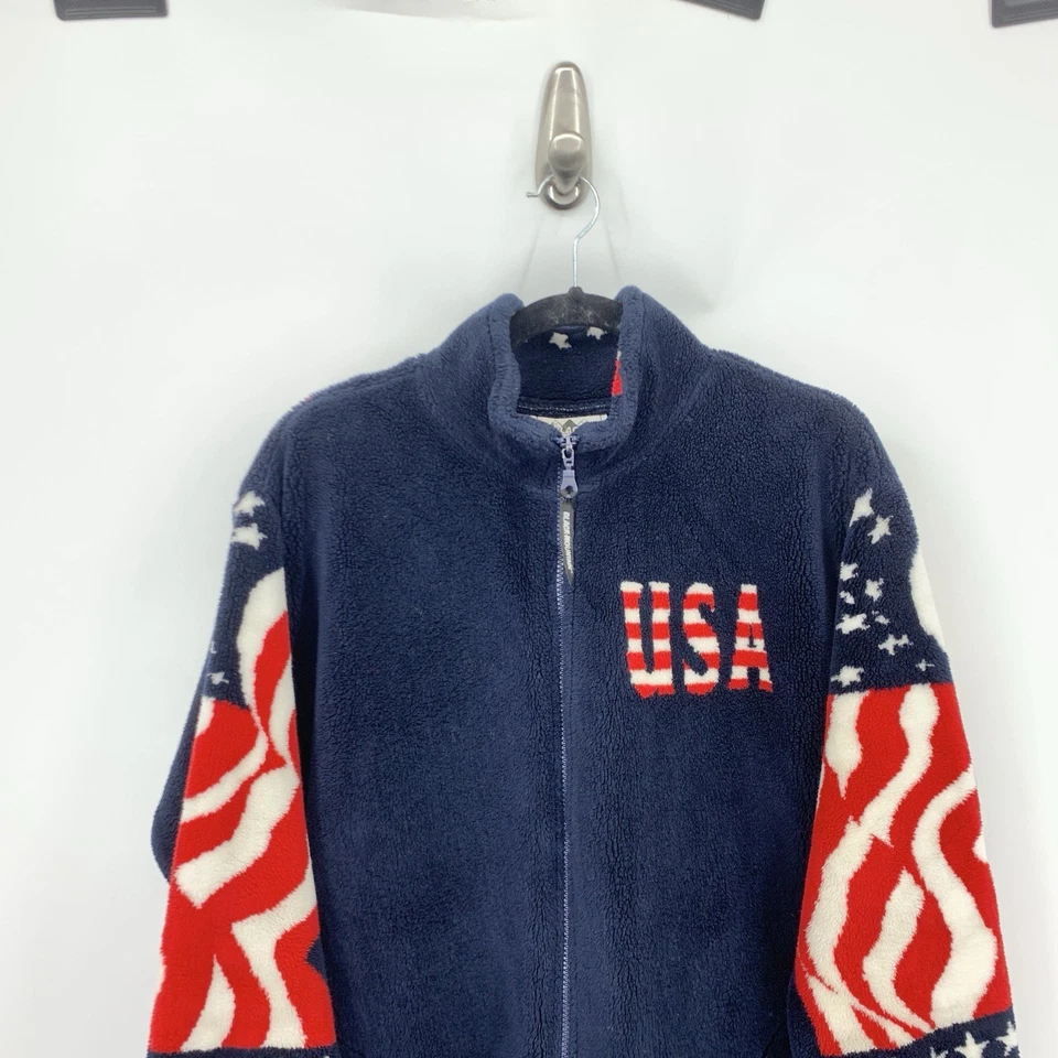 Black Mountain Vintage Size Medium Jacket 90s USA Sherpa Fleece Coat Blue Flag - Image 2 of 4