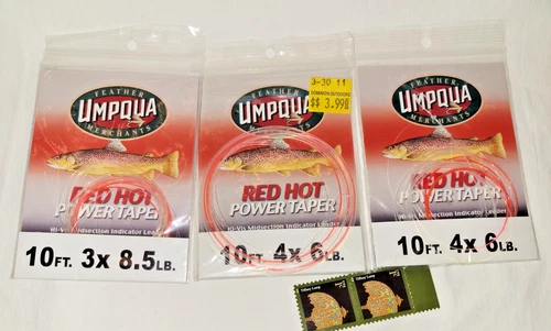3 UMPQUA RED HOT POWER TAPER Hi Vis Leaders TROUT FLY FISHING  + 2 cent stamps