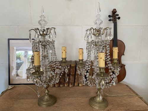 ANTIQUE FRENCH LOUIS XVI BRONZE CRISTAL PENDANT GIRONDOLES CANDELABRA TABLE LAMP - Picture 17 of 24