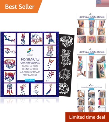 Premium Stencils Set - 146 Unique Artistic Glitter Tattoo Stencils for Kids, ...