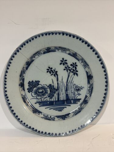 Antique 18th English Delftware Plate Blue Bamboo And Peonies C. 1760 11.5” D - Picture 1 of 11