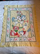 VTG Hand Quilted Baby Crib Embroidered Nursery Horse Bear Quilt Blanket 46  x36  