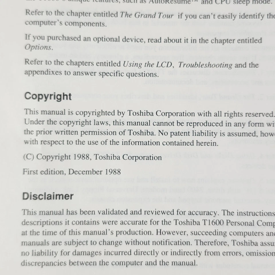 Toshiba T1600 Manual de Referência Antigo Computador Pessoal Guia de Programa do Usuário 1988 - Imagem 3 de 4