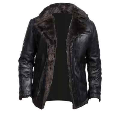 HERREN FLIEGER ECHT LEDER JACKE LAMMFELL SCHWARZ FELL KNOPFJACKE HEMD